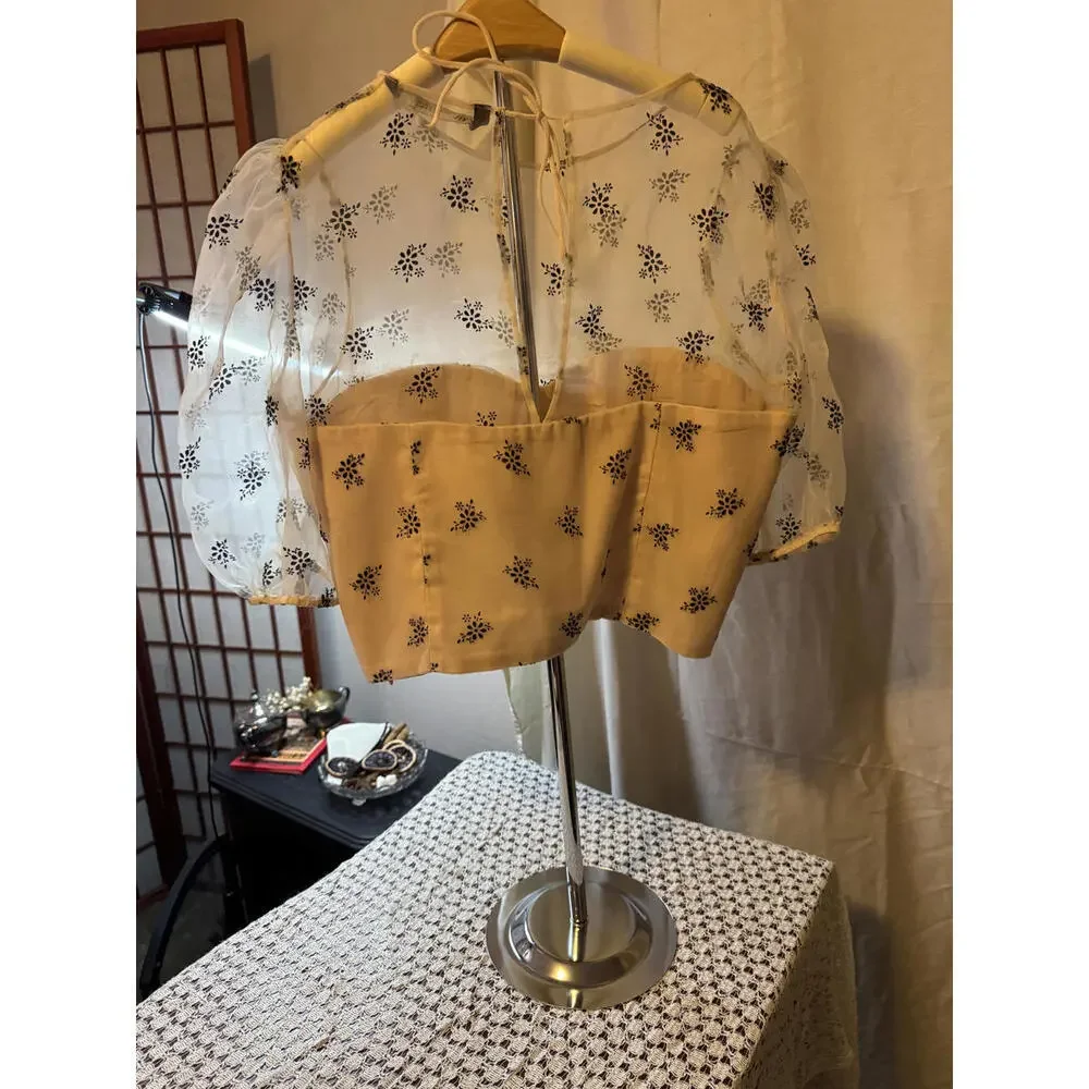 Zara Pastel Organza Blouse Sheer Floral Print Puff‎ Sleeve Size S